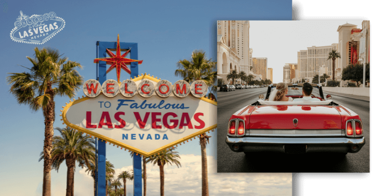 Las Vegas destination wedding on the Strip with neon lights backdrop