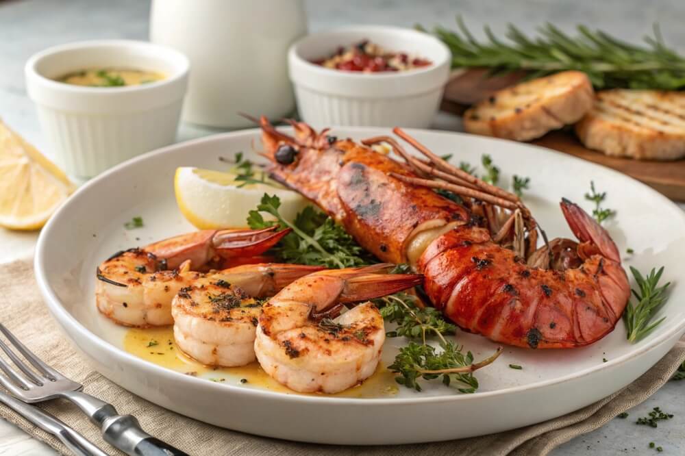 Lobster and prawns with a herb garnish