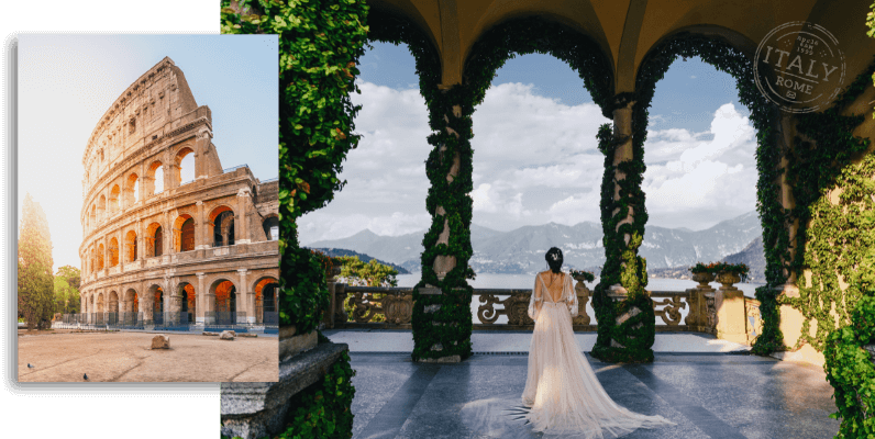 Romantic destination wedding in Italy with historic architecture backdrop; Italy Wedding Packages