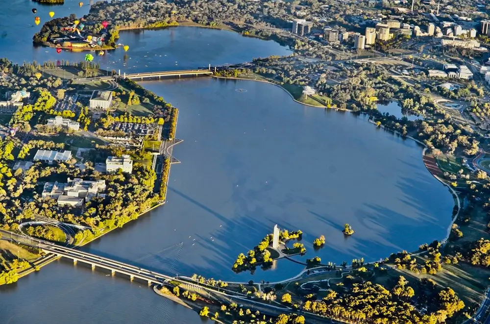 Aerial view of Canberra and Lake Burley Griffin, Australian Capital Territory
