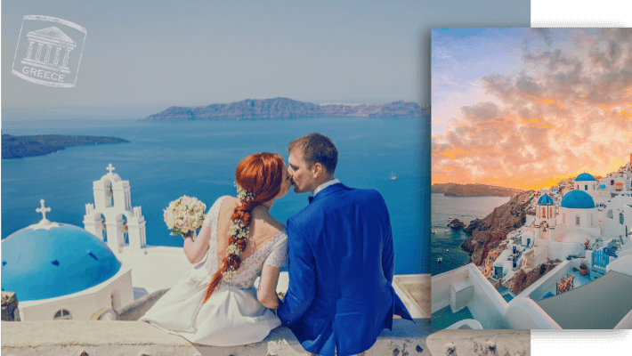 Santorini Greece wedding with whitewashed buildings and blue domes; Greek Island Weddings; Weddings in Greece; 