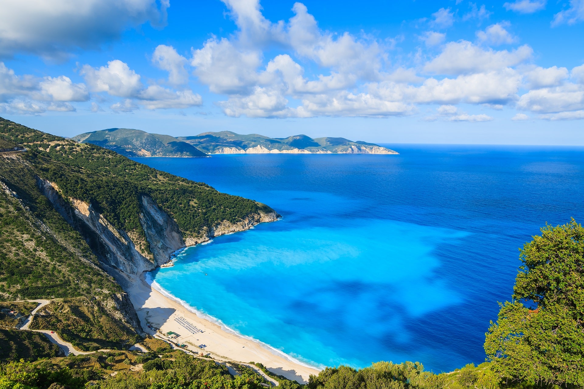 View of beautiful Myrtos bay and idyllic beach on Kefalonia island, Greece