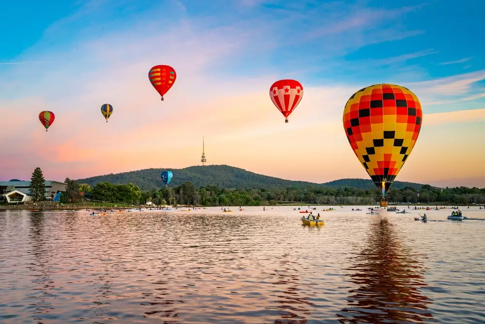Hot air balloons above Lake Burley Griffin, Canberra